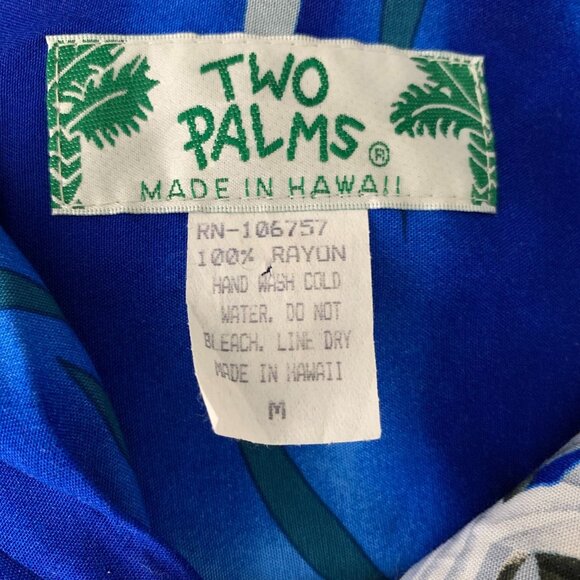 Vintage 90s Two Palms Hawaiian Camp Shirt M Blue Floral Button Up Short Sleeve - Picture 6 of 6